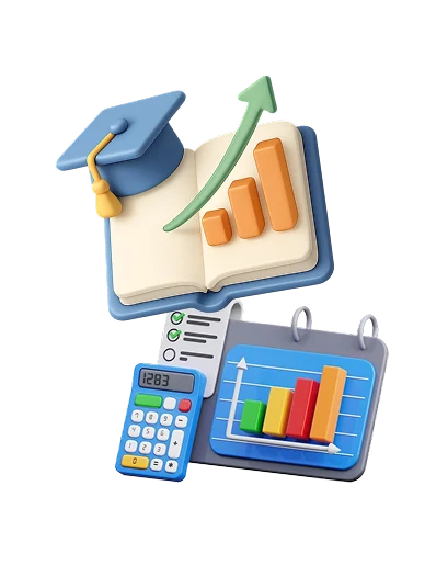 Ilustração: capelo, livro, gráficos, calculadora e calendário